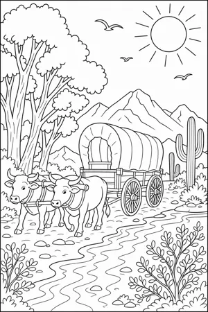 Coloring page: covered wagon and oxen by the river