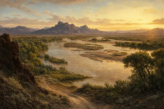 The crossing: The Colorado River in the Mojave Valley, where Beale's road met the water. (AI illustration)