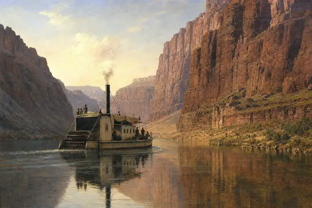 The steamboat Explorer: Lt. Ives's sternwheeler in the canyons, guided by Cairook, 1858. (AI illustration)