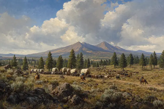 A hundred people and their cattle: The Rose-Baley train crossing the northern Arizona plateau, summer 1858. (AI illustration)